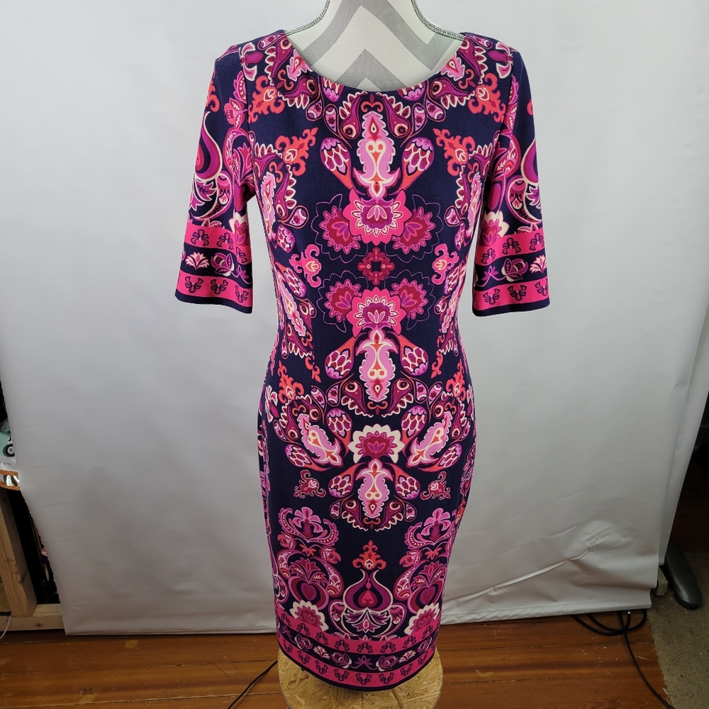 Eliza J Lined Shift Dress Pink Black Zip Back Size 4 Elbow Sleeves Midi